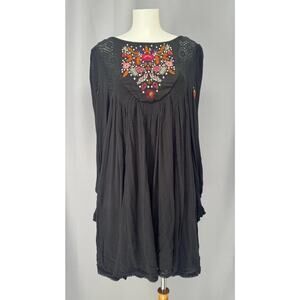 Free People Dress Womens XS Black Embroidered Boho Tunic Babydoll Mini
